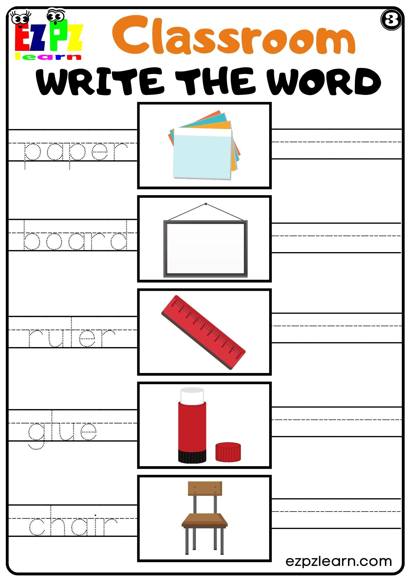 Classroom Write the Word Worksheet Set 3 Great For Kids and ESL. Free PDF Download